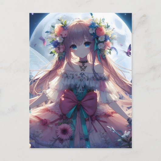 Carte Postale Fille Anime Fleur Lune Fée (Devant)