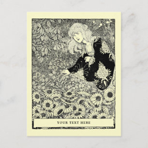 Carte Postale Fille Art Nouveau vintage parmi le champ de fleurs