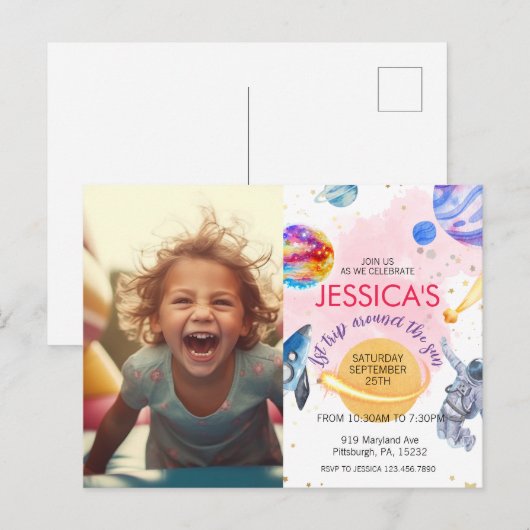 Carte Postale Fille Astronaute Fusée spatiale Planète (Devant / Derrière)