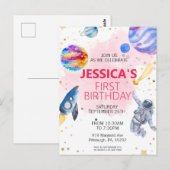 Carte Postale Fille Astronaute Fusée spatiale Planète Espace (Devant / Derrière)