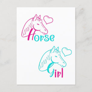 Carte Postale Fille au Cheval en Rose et Turquoise