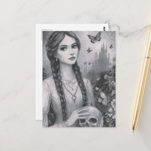 Carte Postale Fille au crâne Fantaisie noir et blanc