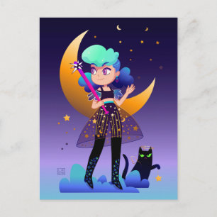 Carte Postale Fille aux cheveux bleus et chat noir