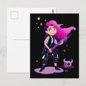 Carte Postale Fille aux cheveux roses avec une guitare rock (Devant / Derrière)