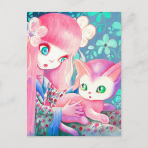 Carte Postale Fille aux cheveux roses en kimono avec chat kawaii