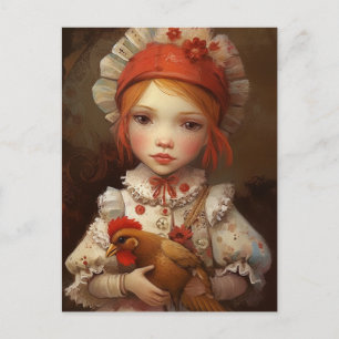 Carte Postale Fille aux cheveux rouges tenant son poulet de comp