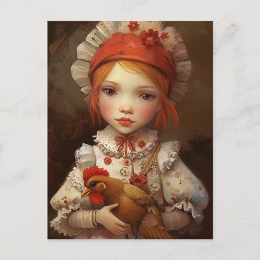 Carte Postale Fille aux cheveux rouges tenant son poulet de comp (Devant)