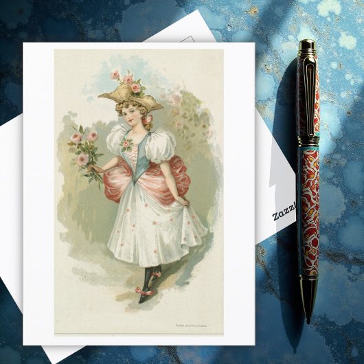 Carte Postale Fille aux roses roses roses (vers 1885)