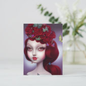 Carte Postale Fille aux roses rouges grenat Janvier (Debout devant)