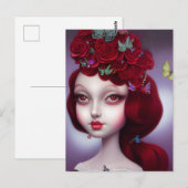 Carte Postale Fille aux roses rouges grenat Janvier (Devant / Derrière)