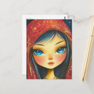 Carte Postale Fille aux yeux bleus et aux cheveux portant du rou