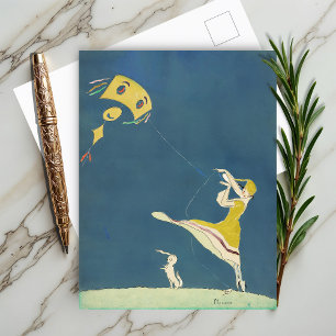 Carte Postale Fille avec cerf-volant et chien (1917)