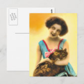Carte postale Fille avec chat animal (Devant / Derrière)