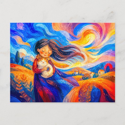 Carte Postale Fille avec chat dans des couleurs fluides et vente (Devant)
