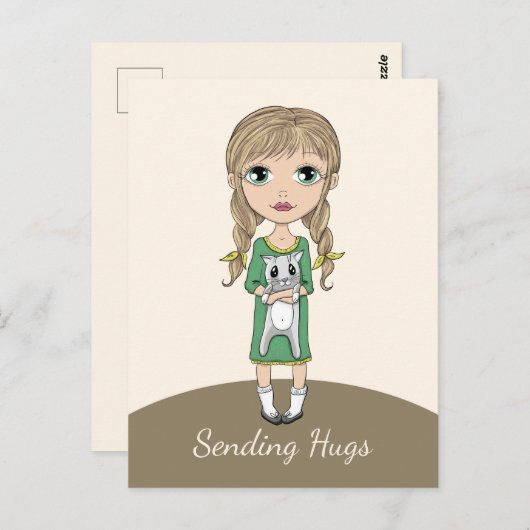 Carte Postale Fille avec chat envoyant des câlins (Devant / Derrière)
