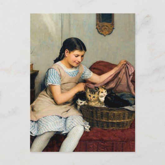 Carte Postale Fille avec chatons dans le panier par Albert Anker (Devant)