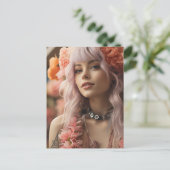 Carte Postale Fille avec cheveux roses et fleurs (Debout devant)