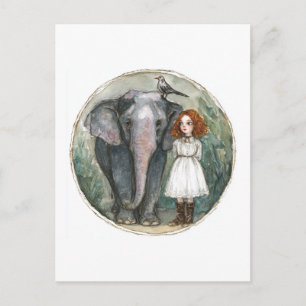 Carte Postale Fille avec éléphant et oiseau