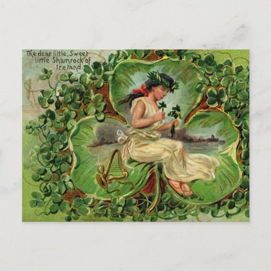 Carte Postale Fille avec harpe et shamrocks (Devant)