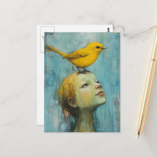 Carte Postale Fille avec l'oiseau jaune sur la tête