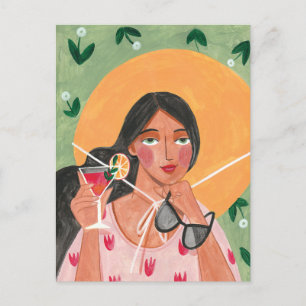 Carte Postale Fille avec lunettes de soleil casquette d'été papi