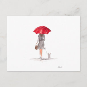Carte Postale Fille avec parapluie rouge