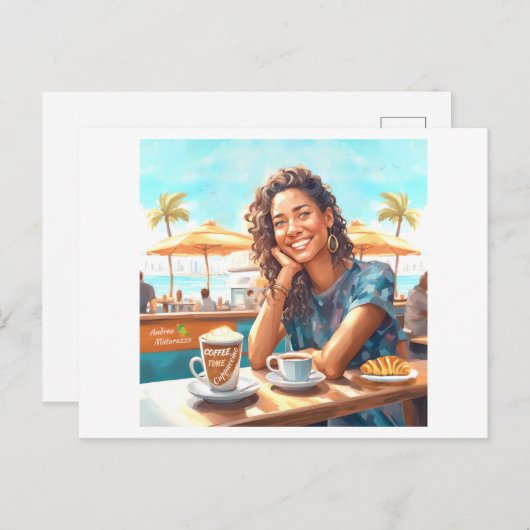 Carte Postale Fille avec pause café (Devant / Derrière)