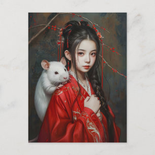 Carte Postale Fille avec Rat Art du zodiaque chinois