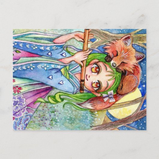 Carte Postale Fille avec Renard dormant (Devant)