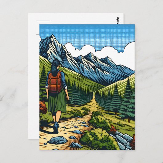 Carte Postale Fille avec sac à dos Randonnée a Nature Trail (Devant / Derrière)