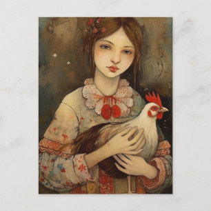 Carte Postale Fille avec son animal de compagnie poulet Ai Art