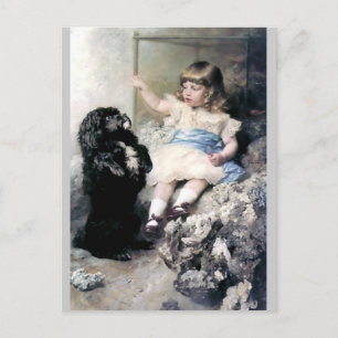 Carte Postale Fille avec un chien de caniche Peinture pour anima