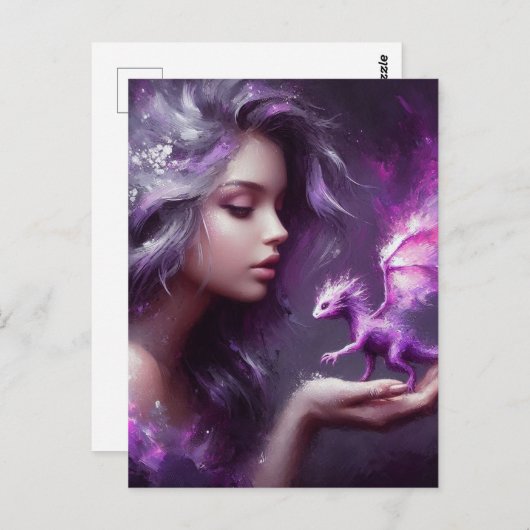 Carte Postale Fille avec un minuscule Dragon violet (Devant / Derrière)