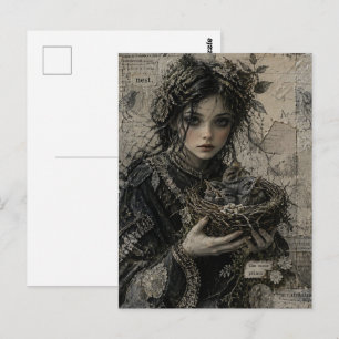 Carte Postale Fille avec un nid d'oiseau Princesse de mousse Col