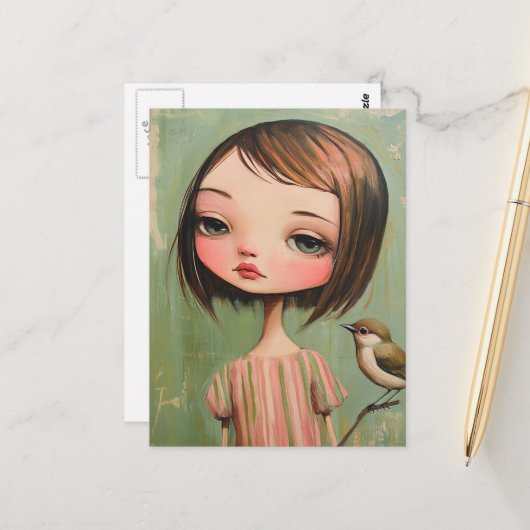 Carte Postale Fille avec un oiseau (Devant/Arrière en situation)