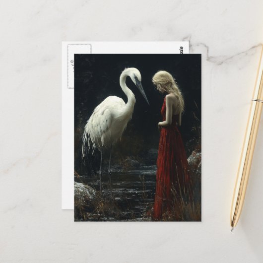Carte Postale Fille avec un oiseau blanc géant (Devant/Arrière en situation)