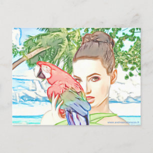 Carte Postale Fille avec un perroquet