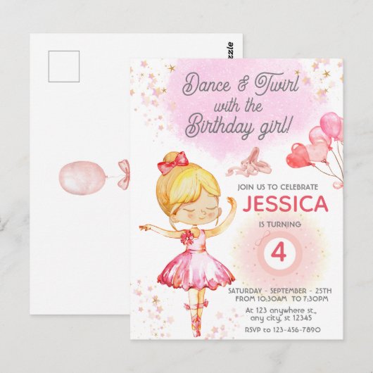 Carte Postale Fille ballerine blonde anniversaire ballet  (Devant / Derrière)