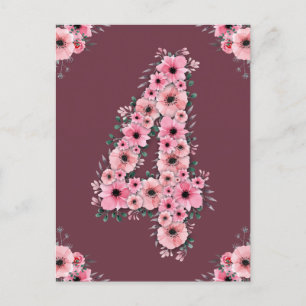 Carte Postale Fille Big 4e anniversaire Fleurs roses Lieux verts