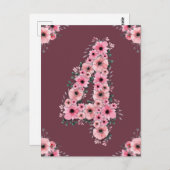 Carte Postale Fille Big 4e anniversaire Fleurs roses Lieux verts (Devant / Derrière)
