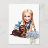 Carte Postale Fille blonde avec chiot Dachshund (Devant)