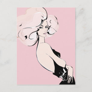 Carte Postale Fille blonde en noir sur fond rose