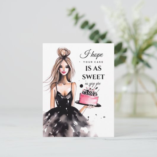 Carte Postale Fille blonde robe noire gâteau d'anniversaire aqua (Debout devant)