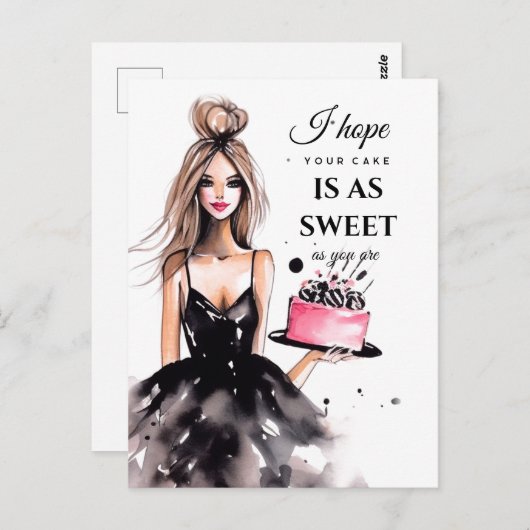 Carte Postale Fille blonde robe noire gâteau d'anniversaire aqua (Devant / Derrière)