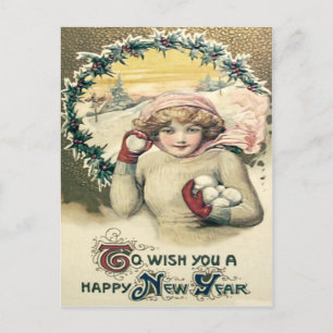 Carte Postale Fille Boule de neige Couronne de houx