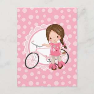 Carte Postale Fille Brunette à Bicyclette - Rose Blanc