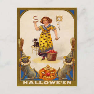 Carte Postale Fille Chat Noir Citrouille