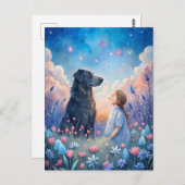 Carte Postale Fille Chien Noir Ciel Nuit Etoilé (Devant / Derrière)