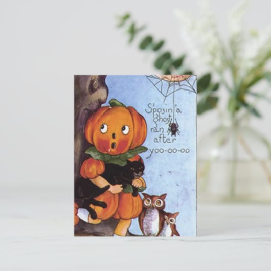 Carte Postale Fille citrouille avec chat (Debout devant)