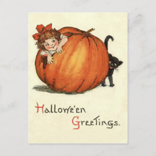 Carte Postale Fille Citrouille Chat noir